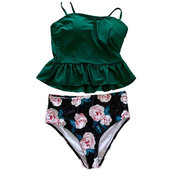 Other - Two Piece Floral Swimsuit Green Peplum Top High-Waisted Rose Print Bottom M NEW